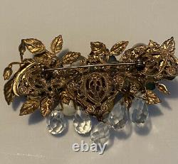 VTG MIXED MATERIALS FLORAL CLUSTER BROOCH FAUX PEARLS/RHINESTONE/METAL 3 1/3x2