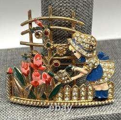 VTG Mistress Mary Enamel Rhinestone Girl Watering Flowers Pot Metal Pin Brooch