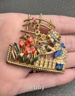 VTG Mistress Mary Enamel Rhinestone Girl Watering Flowers Pot Metal Pin Brooch