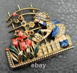 VTG Mistress Mary Enamel Rhinestone Girl Watering Flowers Pot Metal Pin Brooch