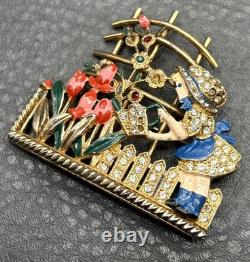 VTG Mistress Mary Enamel Rhinestone Girl Watering Flowers Pot Metal Pin Brooch