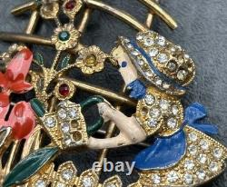 VTG Mistress Mary Enamel Rhinestone Girl Watering Flowers Pot Metal Pin Brooch