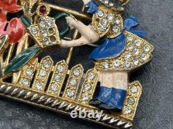 VTG Mistress Mary Enamel Rhinestone Girl Watering Flowers Pot Metal Pin Brooch