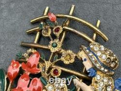 VTG Mistress Mary Enamel Rhinestone Girl Watering Flowers Pot Metal Pin Brooch