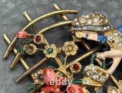 VTG Mistress Mary Enamel Rhinestone Girl Watering Flowers Pot Metal Pin Brooch