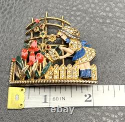 VTG Mistress Mary Enamel Rhinestone Girl Watering Flowers Pot Metal Pin Brooch