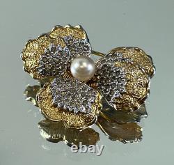 VTG NETTIE ROSENSTEIN GOLD TONE Pearl RHINESTONE BROOCH Spring Floral DS51