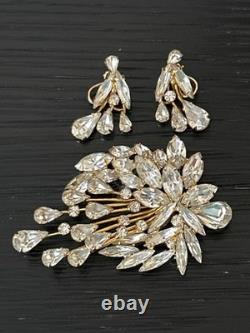 VTG Napier Cascading Rhinestone Brooch & Clip-On Earrings Set Hollywood Regency
