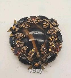 VTG Original By Robert Rare Huge Amber & Black Rhinestone Glass Brooch 2.5