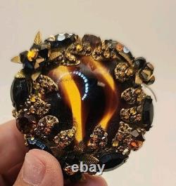 VTG Original By Robert Rare Huge Amber & Black Rhinestone Glass Brooch 2.5