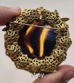 VTG Original By Robert Rare Huge Amber & Black Rhinestone Glass Brooch 2.5