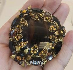 VTG Original By Robert Rare Huge Amber & Black Rhinestone Glass Brooch 2.5