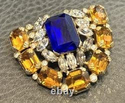 VTG RARE Signed Bartomioli Antique Art Deco Blue & Yellow Rhinestone Brooch Pin