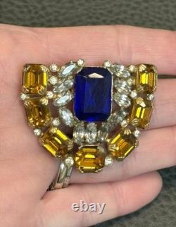 VTG RARE Signed Bartomioli Antique Art Deco Blue & Yellow Rhinestone Brooch Pin