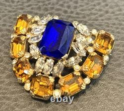VTG RARE Signed Bartomioli Antique Art Deco Blue & Yellow Rhinestone Brooch Pin