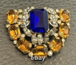 VTG RARE Signed Bartomioli Antique Art Deco Blue & Yellow Rhinestone Brooch Pin