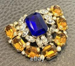VTG RARE Signed Bartomioli Antique Art Deco Blue & Yellow Rhinestone Brooch Pin