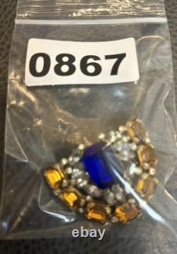 VTG RARE Signed Bartomioli Antique Art Deco Blue & Yellow Rhinestone Brooch Pin