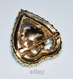 VTG Rare CROWN TRIFARI Gold Tone Blue Cabochon Red Rhinestone Heart Brooch Pin