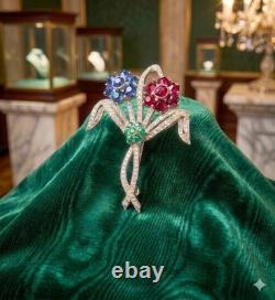 VTG Rhinestone Floral Spray Brooch Stunning Tri-Color & Pavé Set Unsigned Mazer
