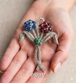 VTG Rhinestone Floral Spray Brooch Stunning Tri-Color & Pavé Set Unsigned Mazer