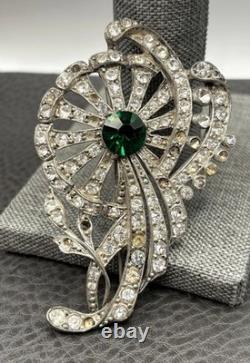 VTG STARET Art Deco Pot Metal Flower Brooch Green Glass Rhinestone READ