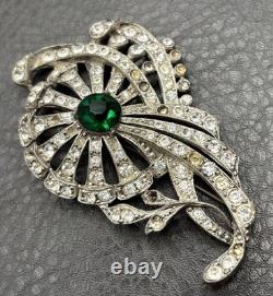 VTG STARET Art Deco Pot Metal Flower Brooch Green Glass Rhinestone READ