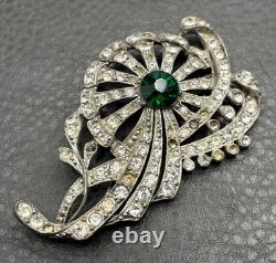 VTG STARET Art Deco Pot Metal Flower Brooch Green Glass Rhinestone READ