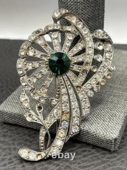 VTG STARET Art Deco Pot Metal Flower Brooch Green Glass Rhinestone READ