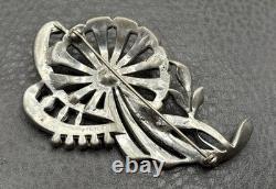 VTG STARET Art Deco Pot Metal Flower Brooch Green Glass Rhinestone READ