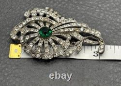 VTG STARET Art Deco Pot Metal Flower Brooch Green Glass Rhinestone READ