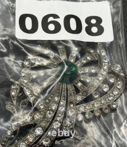 VTG STARET Art Deco Pot Metal Flower Brooch Green Glass Rhinestone READ
