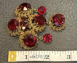 VTG Sandor HUGE Statement Brooch Pin Filigree Dangle Red Rhinestones FANTASTIC