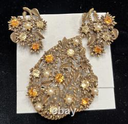 VTG Signed CORO RHINESTONE/gold Tone FLORAL Brooch&CLUSTER CLIP EARRINGS