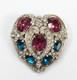 VTG Stunning Pink & Blue Glass Rhinestone Heart Brooch Silver Tone Unsigned