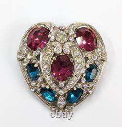 VTG Stunning Pink & Blue Glass Rhinestone Heart Brooch Silver Tone Unsigned