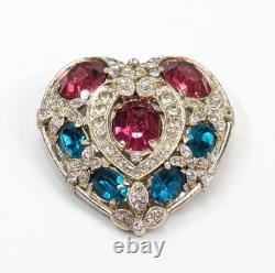 VTG Stunning Pink & Blue Glass Rhinestone Heart Brooch Silver Tone Unsigned