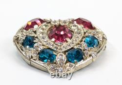 VTG Stunning Pink & Blue Glass Rhinestone Heart Brooch Silver Tone Unsigned