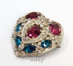 VTG Stunning Pink & Blue Glass Rhinestone Heart Brooch Silver Tone Unsigned