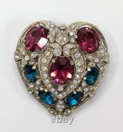 VTG Stunning Pink & Blue Glass Rhinestone Heart Brooch Silver Tone Unsigned
