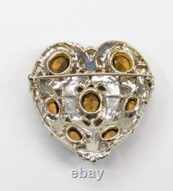 VTG Stunning Pink & Blue Glass Rhinestone Heart Brooch Silver Tone Unsigned