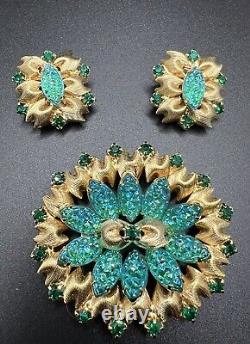 VTG TEAL LAVA ROCK Green Rhinestone Gold Tone Brooch and Earrings Unsigned WOW
