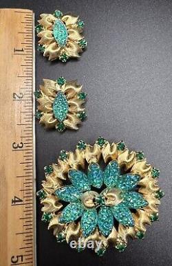 VTG TEAL LAVA ROCK Green Rhinestone Gold Tone Brooch and Earrings Unsigned WOW