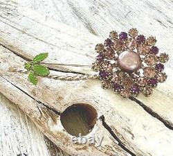 VTG Unsigned Purple Pink Stones Faux Baroque PearlFlower Brooch Schreiner #25
