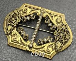 VTG Victorian Antique Filigree Brooch Rhinestone Gold Tone C Clasp Buckle Pin