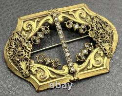 VTG Victorian Antique Filigree Brooch Rhinestone Gold Tone C Clasp Buckle Pin