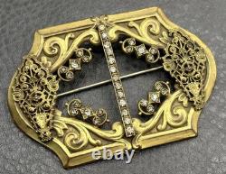 VTG Victorian Antique Filigree Brooch Rhinestone Gold Tone C Clasp Buckle Pin