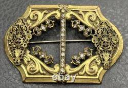 VTG Victorian Antique Filigree Brooch Rhinestone Gold Tone C Clasp Buckle Pin