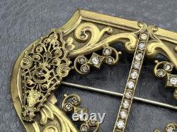 VTG Victorian Antique Filigree Brooch Rhinestone Gold Tone C Clasp Buckle Pin