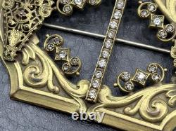 VTG Victorian Antique Filigree Brooch Rhinestone Gold Tone C Clasp Buckle Pin